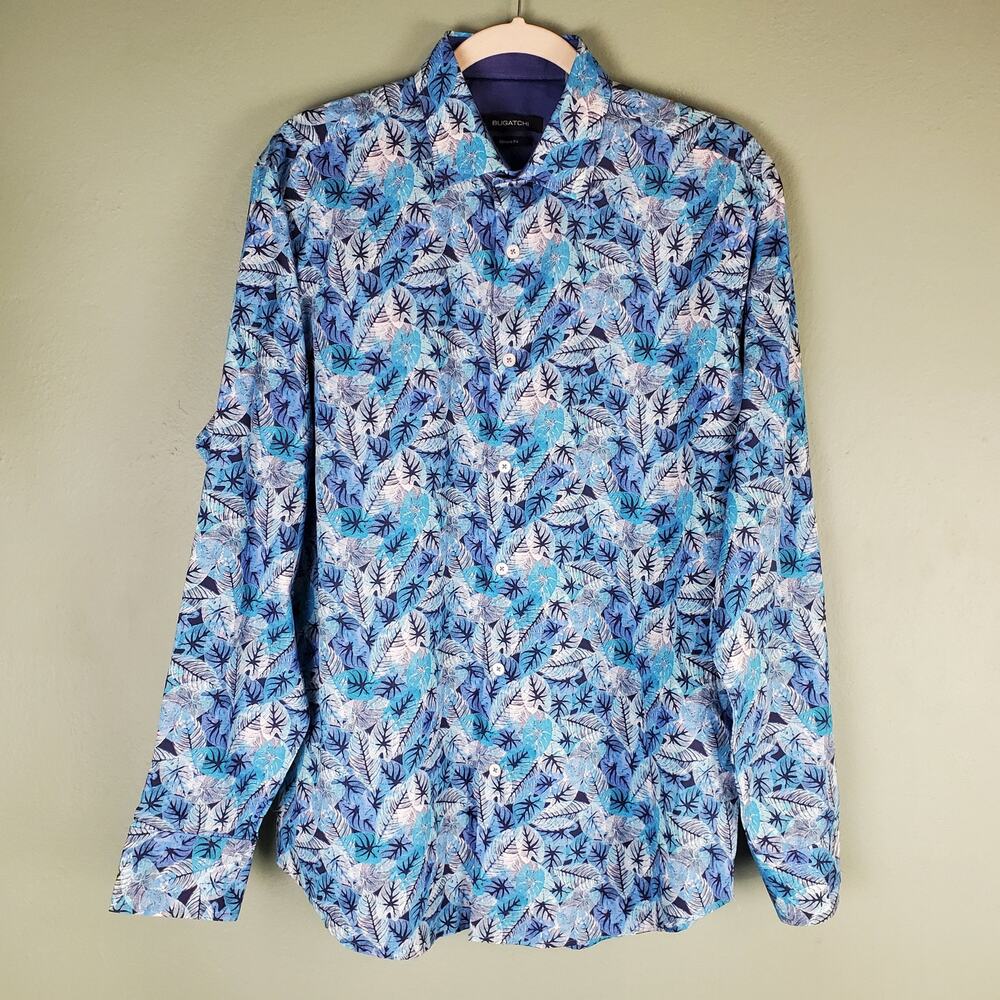 Bugatchi Tropical Leaf Allover Print Button Up Long Sleeve Classic Shirt Size M